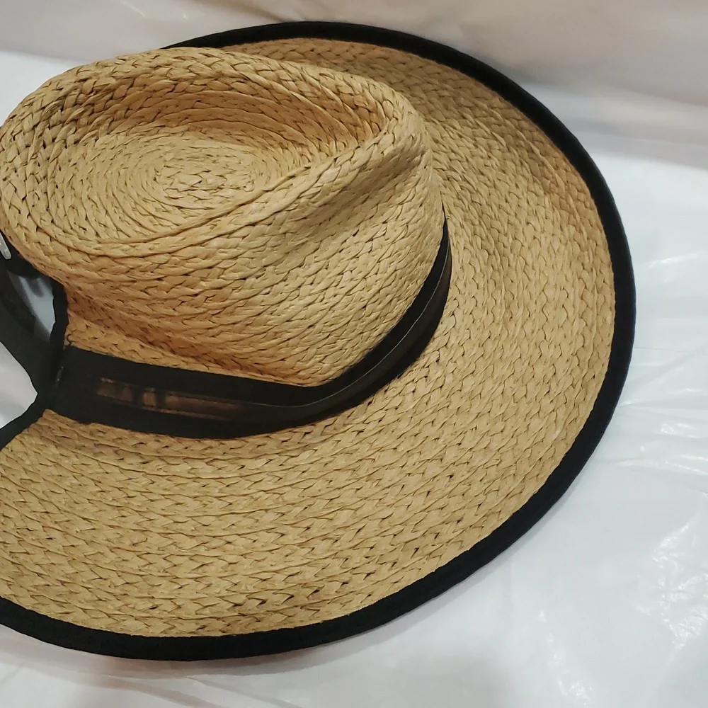 Vince Camuto tan and black ribbon trim straw fedora‎ summer UPF 50+ sun hat new